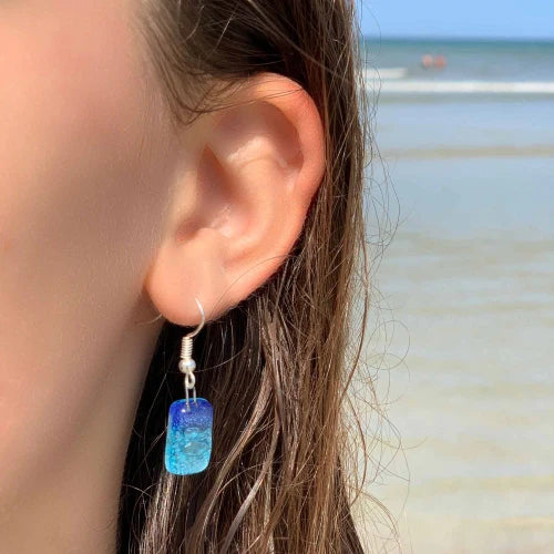 Small Rectangular Glass Earrings - Blue Bubbles - Tili Glass