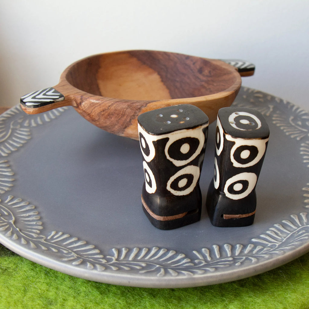 African Natural Bone Salt & Pepper Shakers, Traditional Batik Designs