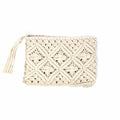 Macrame Clutch with Tassel, Cream