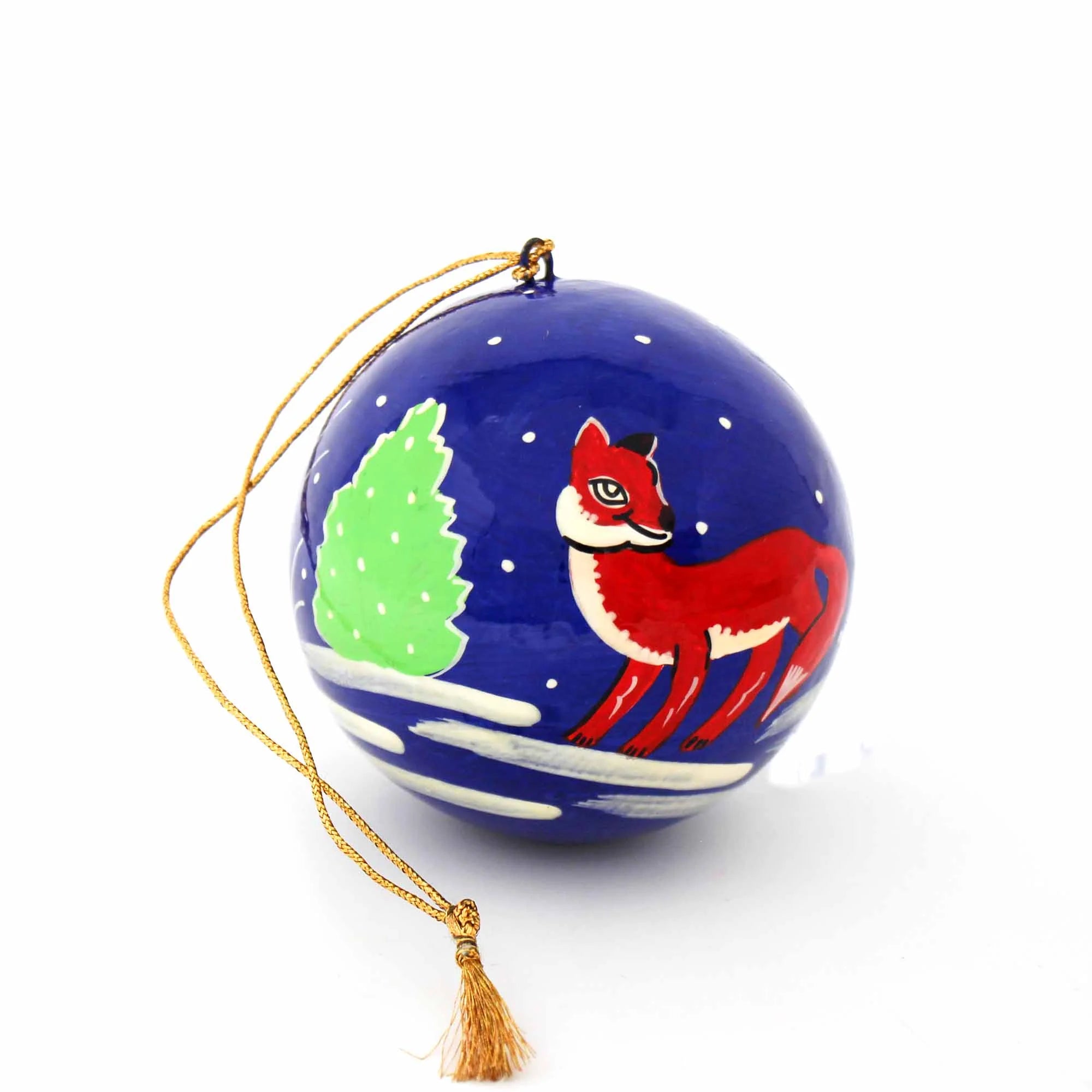 Handpainted Fox & Bird Ornaments, Set of 2