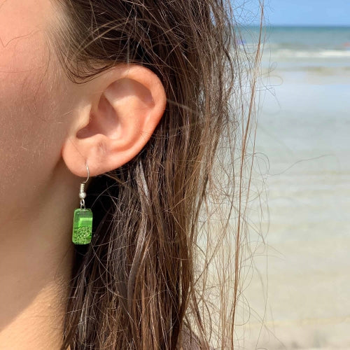 Small Rectangular Glass Earrings - Green Bubbles - Tili Glass