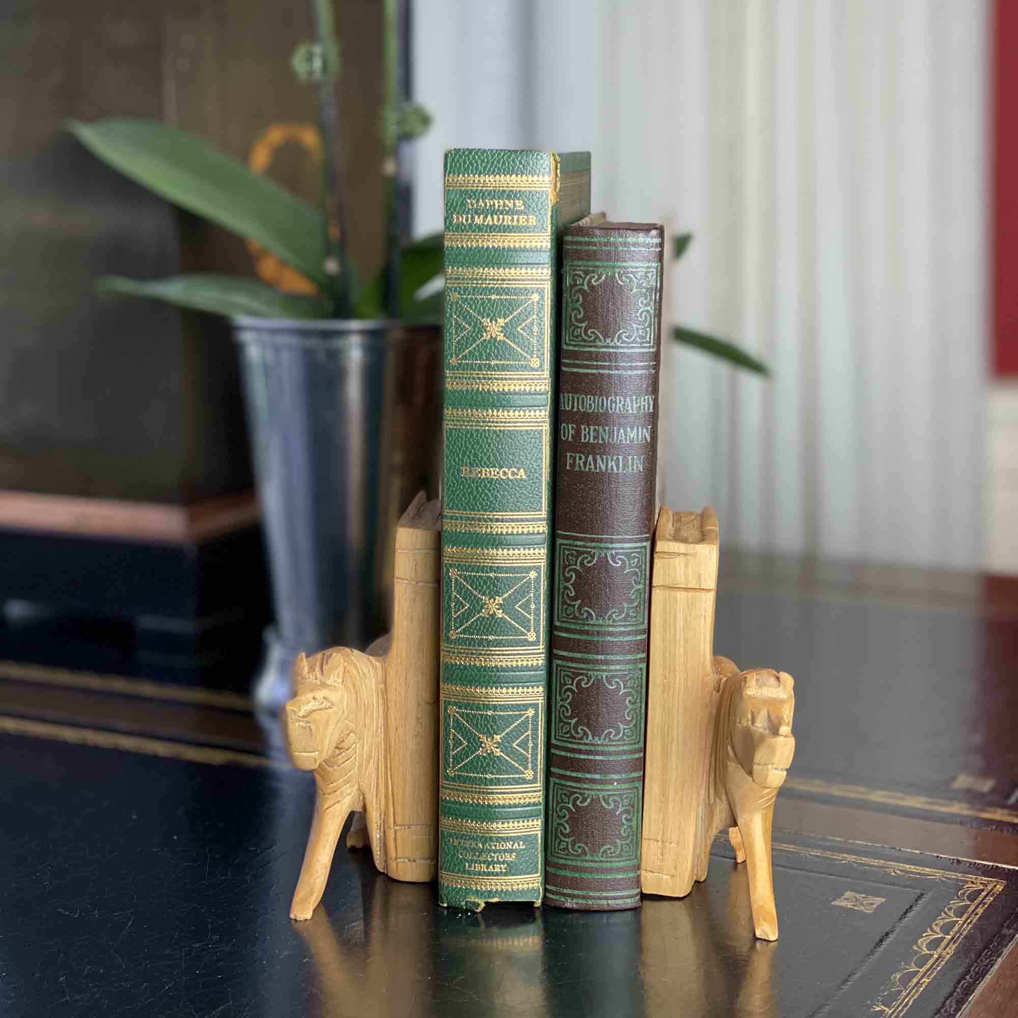 Carved Wood Lion Book Ends, Set of 2