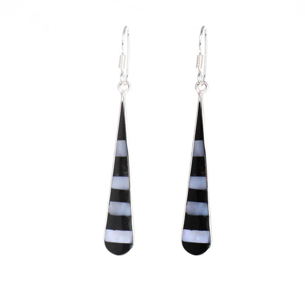 Taxco Silver Black Onyz & Abalone Zebra Long Teardrop Earrings
