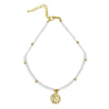 White Glass Bead Choker with Brass Coin Pendant
