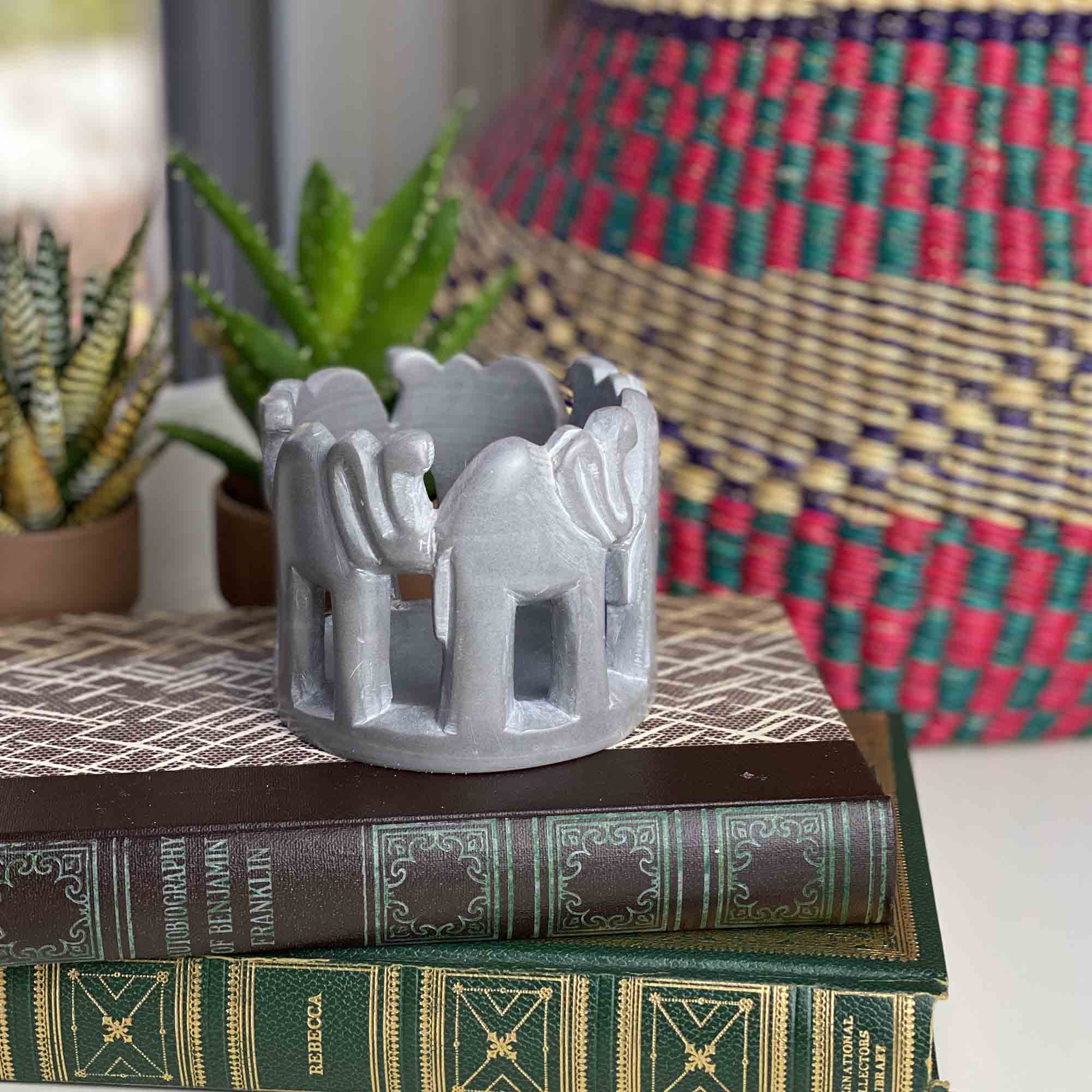Circle of Elephants Soapstone Sculpture, 3 to 3.5-inch - Dark Stone