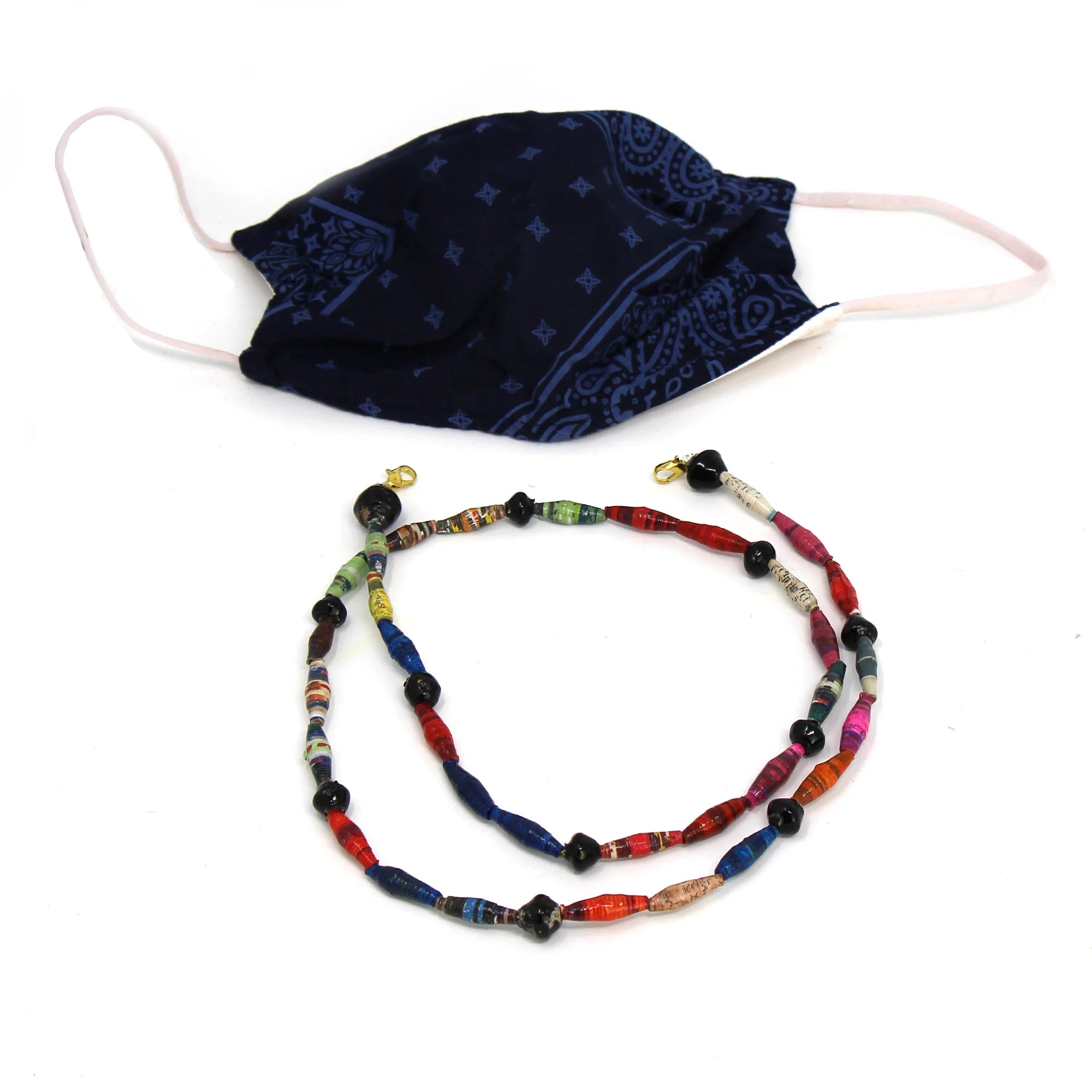 Face Mask/Eyeglass Paper Bead Chain, Small Black Beads