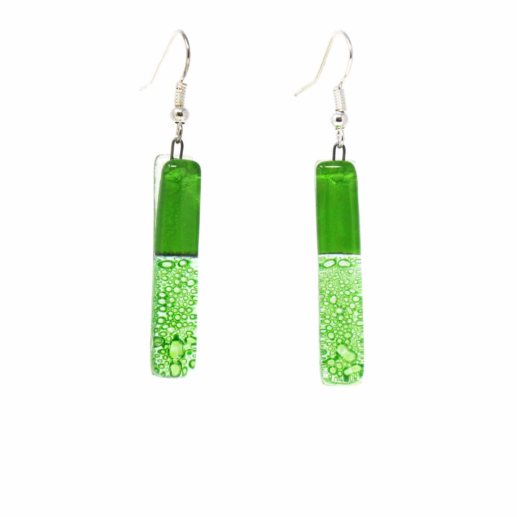 Long Rectangle Glass Dangle Earrings, Green Bubbles - Tili Glass