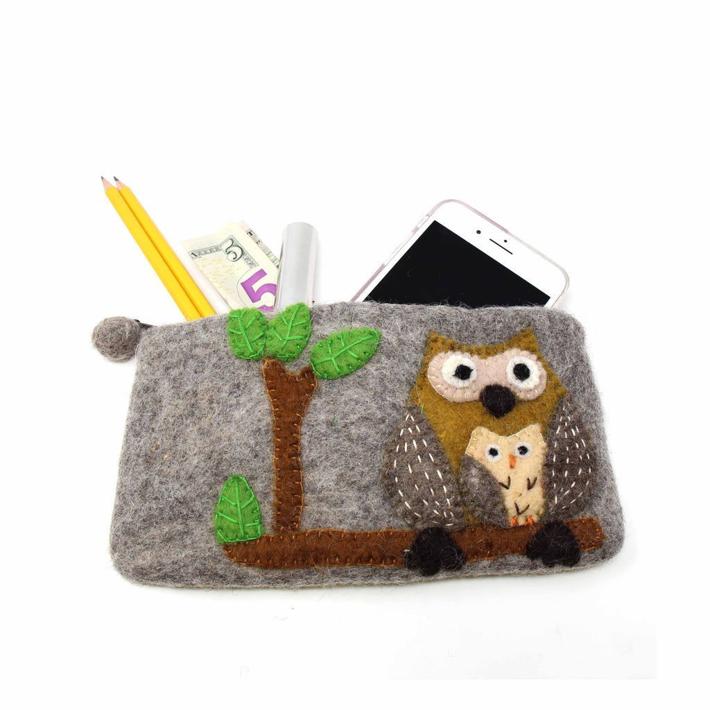 Handmade Tan Felted Owl Clutch - Global Groove (P)