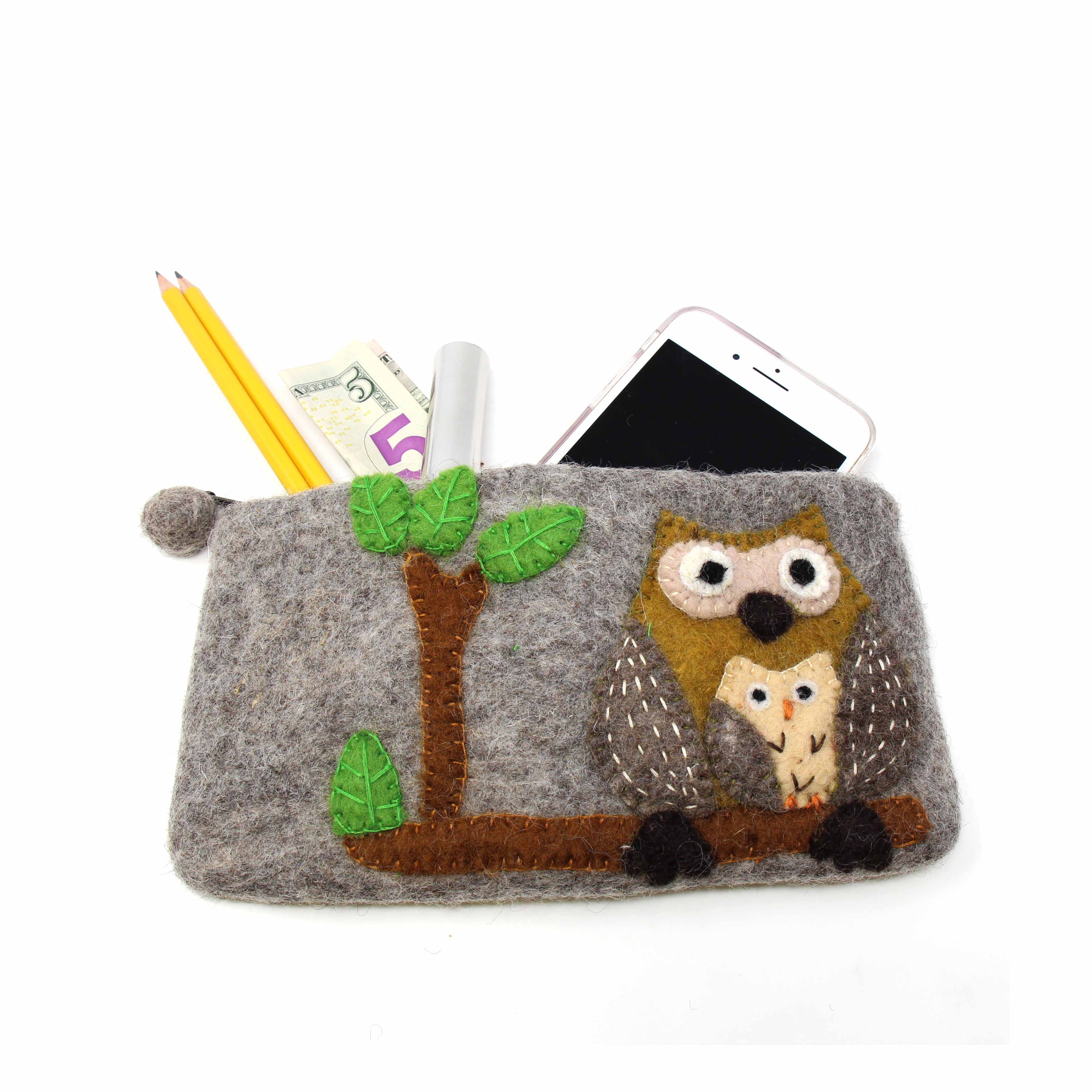 Handmade Tan Felted Owl Clutch - Global Groove (P)