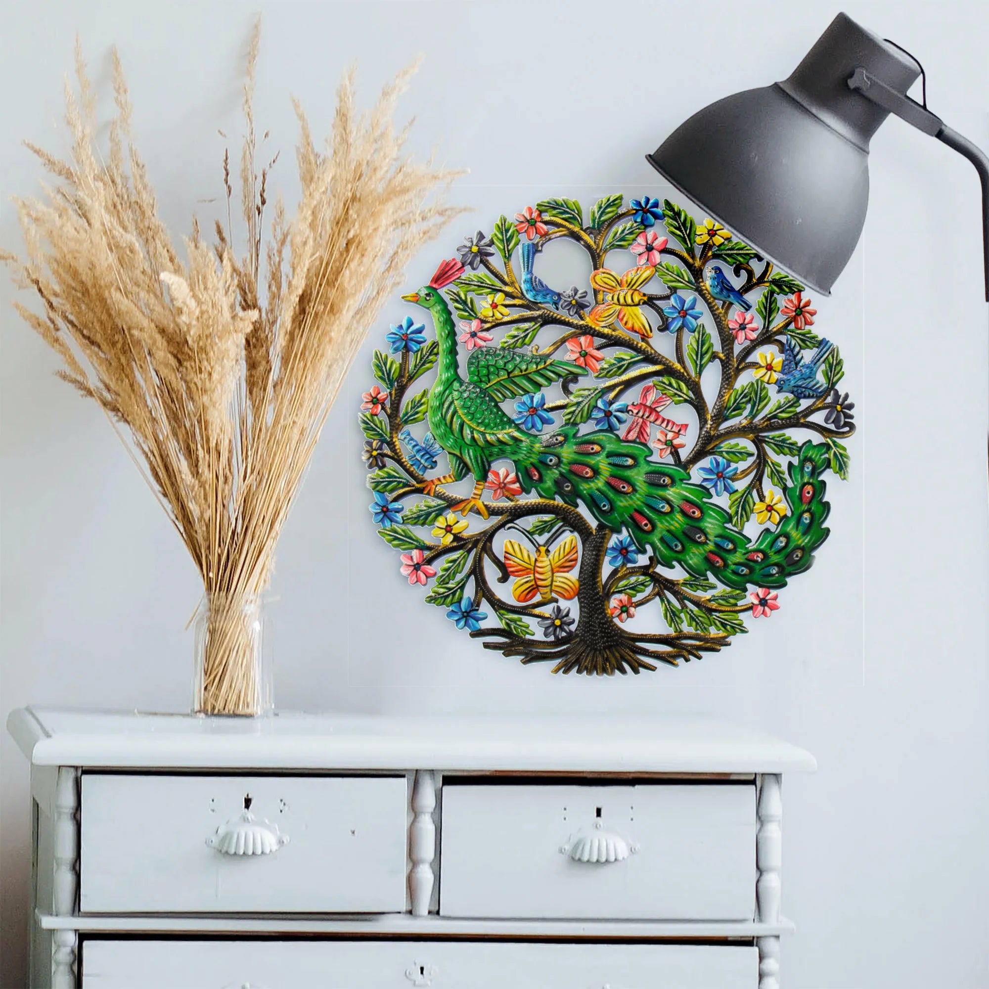 Peacock in Tree Haitian Metal Drum Wall Art