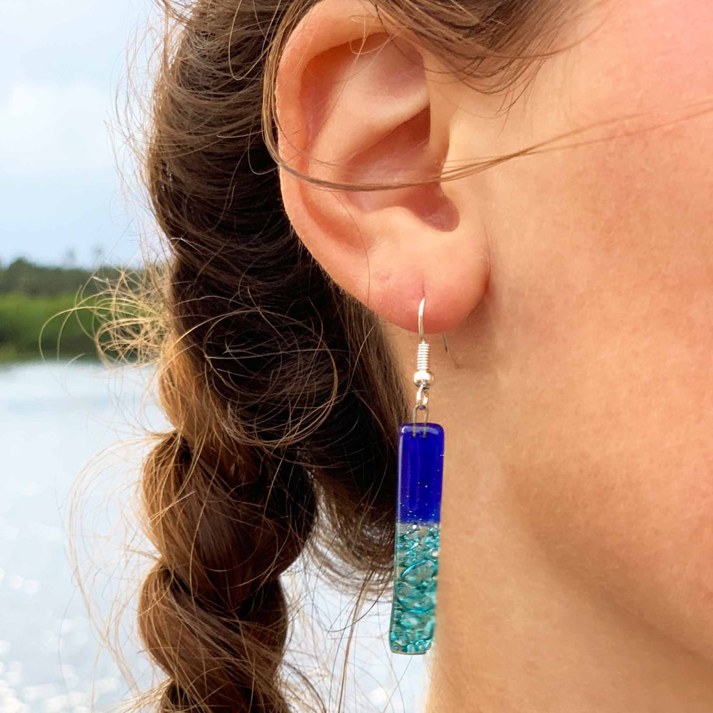 Long Rectangle Glass Dangle Earrings, Blue Bubbles - Tili Glass