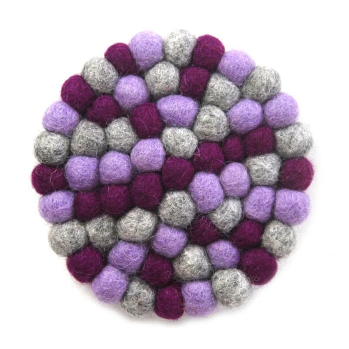 Hand Crafted Felt Ball Trivets from Nepal: Round Chakra, Purples - Global Groove (T)