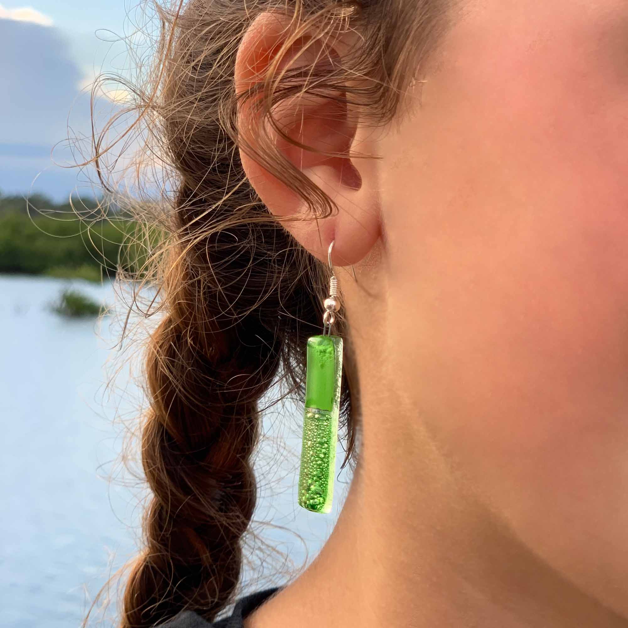 Long Rectangle Glass Dangle Earrings, Green Bubbles - Tili Glass