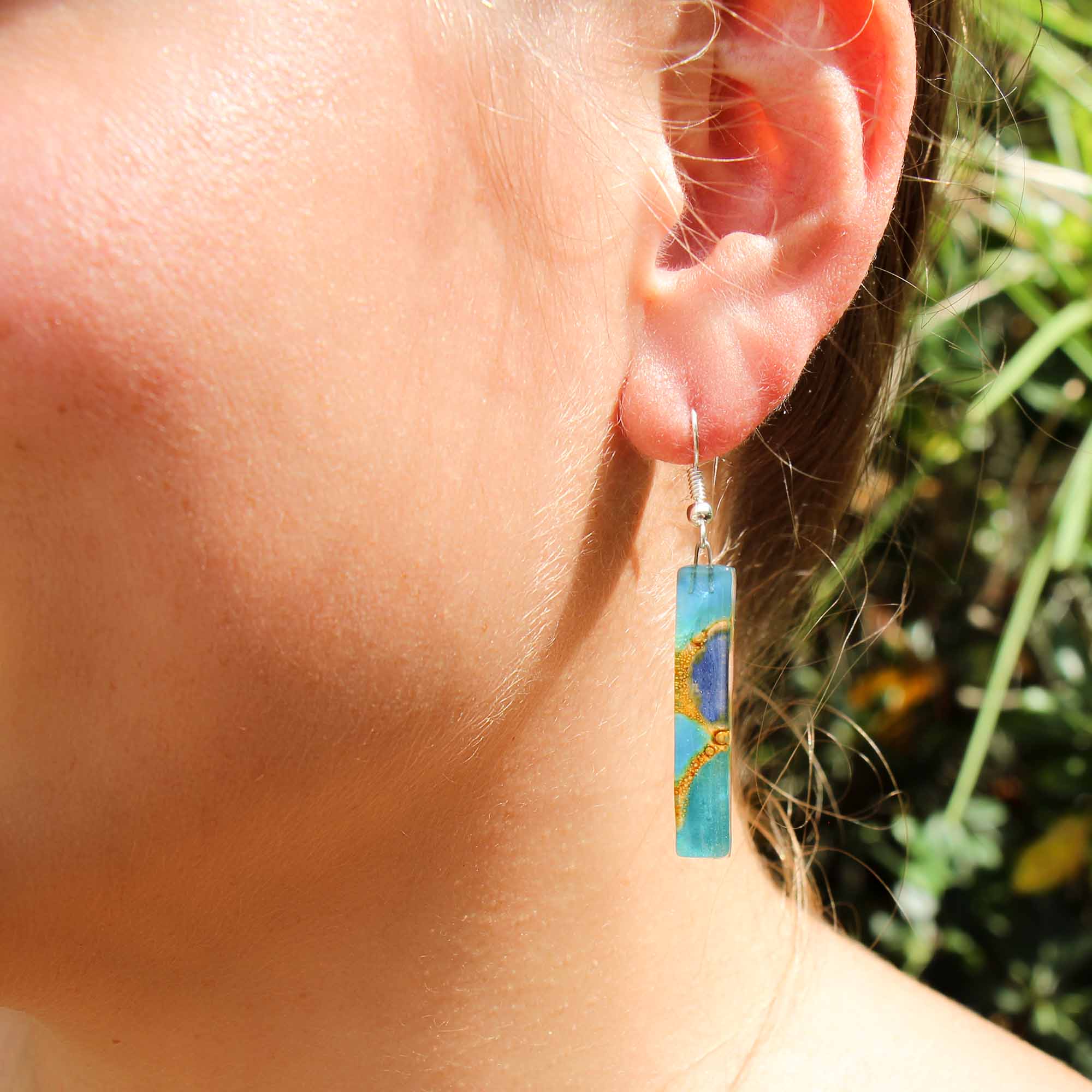 Long Rectangle Glass Dangle Earrings, Blue Earthtones - Tili Glass