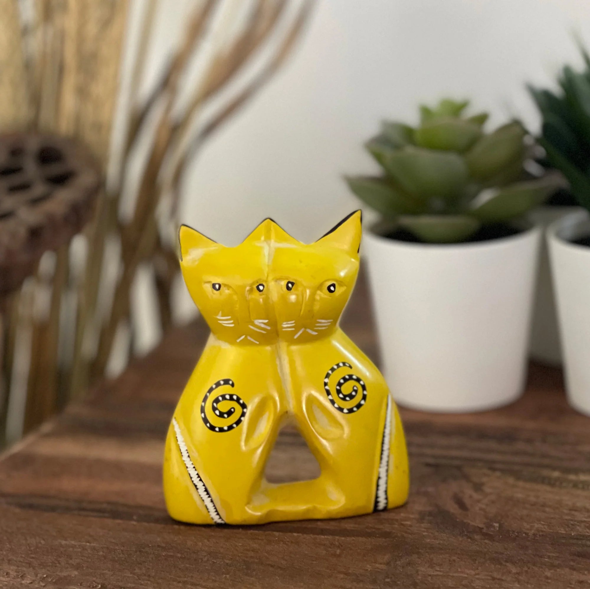 Handcrafted 4-inch Soapstone Love Cats Sculpture in Yellow - Smolart
