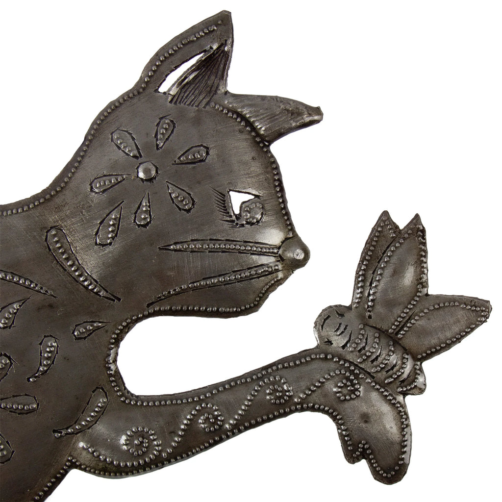 Playful Kitty and Butterfly Haitian Steel Drum Wall Art